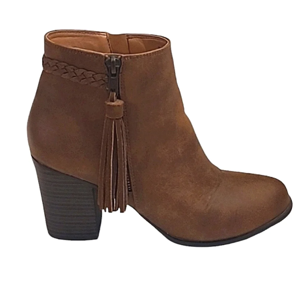 Esprit Rowdy Ankle Boot Square Chunky Block Heel Tassel Zip Up Round Toe Braided